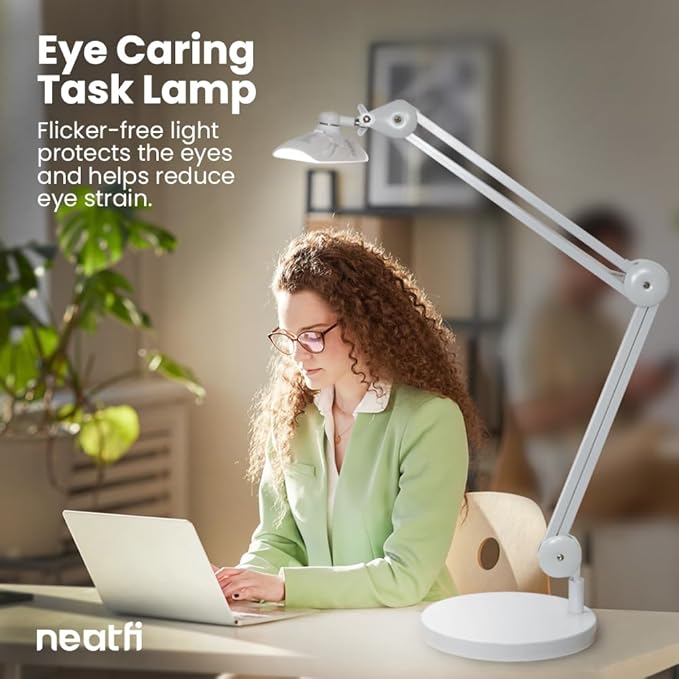 Neatfi XL Nail Desk Lamp with Clamp, 2200 Lumens, 20-Inch Wide Head, Dimmable 4 Levels, 6500K, LED Task Light for Manicure Table, Crafts, Workbench, Office (Non-CCT with Base, White)