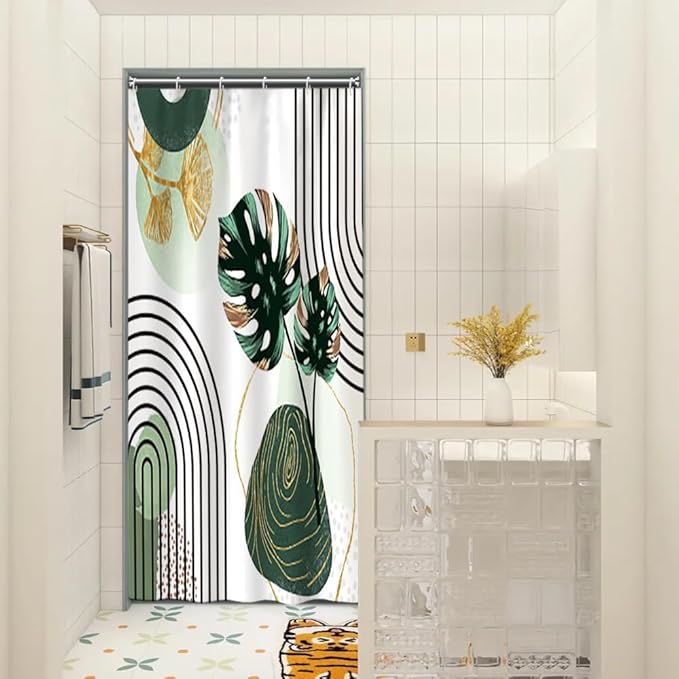 Mid Century Boho Shower Curtain - Green Palm Gold Ginkgo Leaf Abstract Arch Decorative Bath 36x72 Inch Polyester Fabric Waterproof Aesthetics Bathroom With Hooks