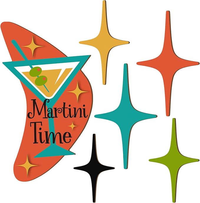 Amyhill 6 Pcs Mid Century Modern Decor Martini Time Mcm Decor Retro Atomic Star Wall Art Sculpture, Wooden Colorful Star Wall Art Elegance Accents for Home Bar Office Room Hanging Decorations