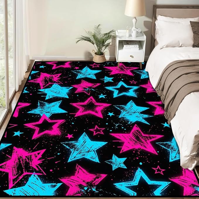 6'x9' Neon Star Area Rug Black Pink and Blue Floor Mat Abstract Star Print Rugs Washable Non-Slip Carpet for Bedroom Living Room Nursery Kitchen Playroom Home Decor