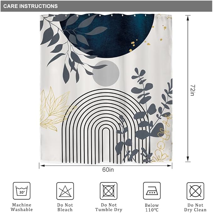 Riyidecor Navy Blue Modern Boho Shower Curtain for Bathroom Decor 60Wx72H Bohemian Abstract Arch Leaves Geometric Simple Contemporary Art Printed Fabric Polyester Waterproof 12 Pack Plastic Hooks