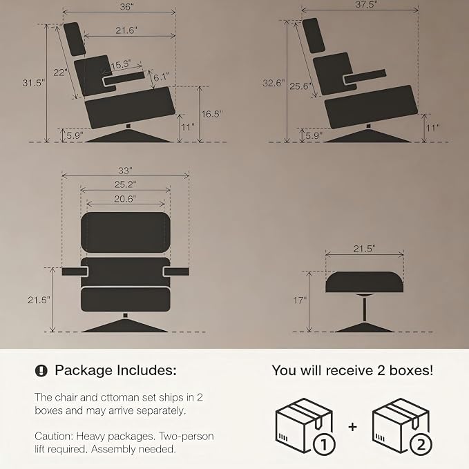 Top Grain Leather,Mid Century Chaise Lounge Chair and Ottoman, Reading Chair, Leather Accent Chair, Modern Chair, Classic Design, Heavy Duty Base Support for Living Room Lounge Office