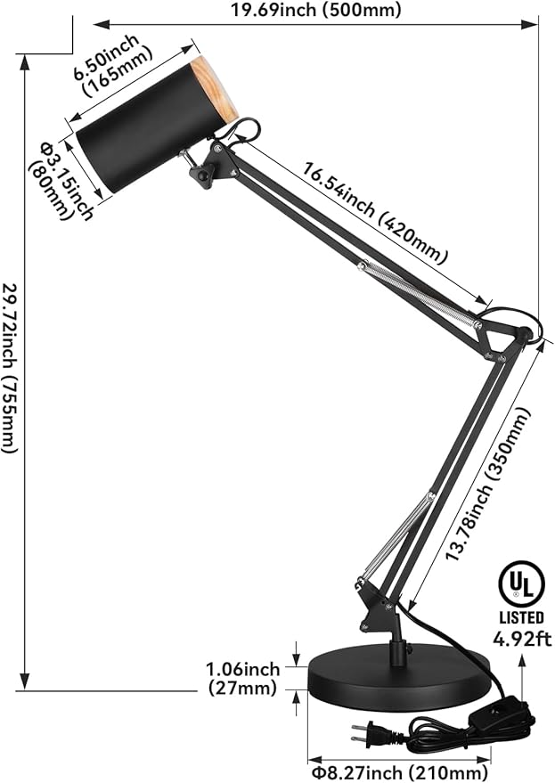 TORCHSTAR Tall Swing Arm Desk Lamp with Wooden Accent, Adjustable Large Size Max Height 31", E26 Base Metal Task Lamp, Office Desktop Lamp with On/Off Switch, for Reading, Study, Workbench, Black