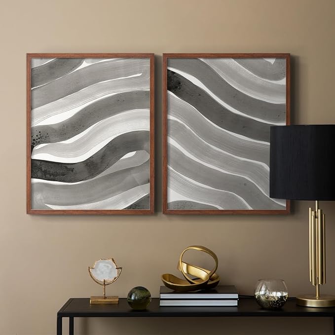Renditions Gallery Set of 2 Peel & Stick Framed Prints, Watercolor Abstract Wall Art, Black and White Bold Brushstrokes Wall Decor, Re-Stickable - Ready to Hang - 11"x14" - Walnut Frame LT588