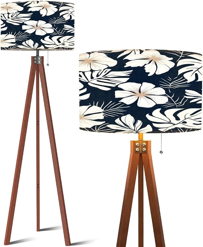 Wood Tripod Floor Lamp Hibiscus flowers tropical palm monstera leaves Hawaiian style floral Mid Century Standing Lamp Linen Shade Dimmable Modern Tall lamp Home Decor for Living Room Bedroom Office