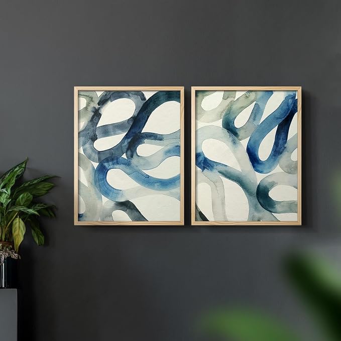 Renditions Gallery Set of 2 Peel & Stick Framed Prints, Watercolor Abstract Wall Art, Aquatic Water and Sand Strokes Wall Decor, Re-Stickable - Ready to Hang - 8"x10" - NATURAL WOOD Frame LT588