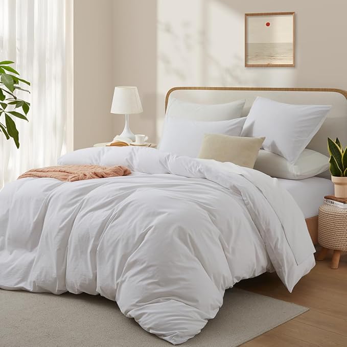 100% Washed Cotton Duvet Cover Set, Linen Like Natural Bedding Set with Zipper Closure (No Comforter), 104x98 Inches, Cal King, White