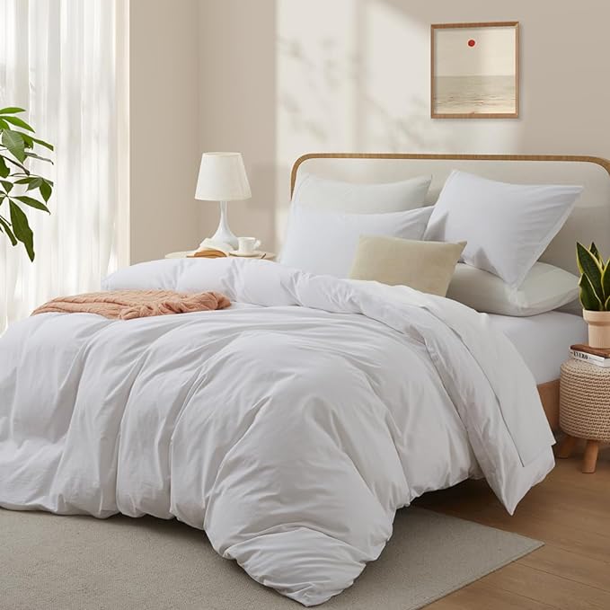 LOVQUE 100% Washed Cotton Duvet Cover King Size, Linen-Like Textured White Fade-Resistant Bedding Set (No Comforter), 104x90 Inches