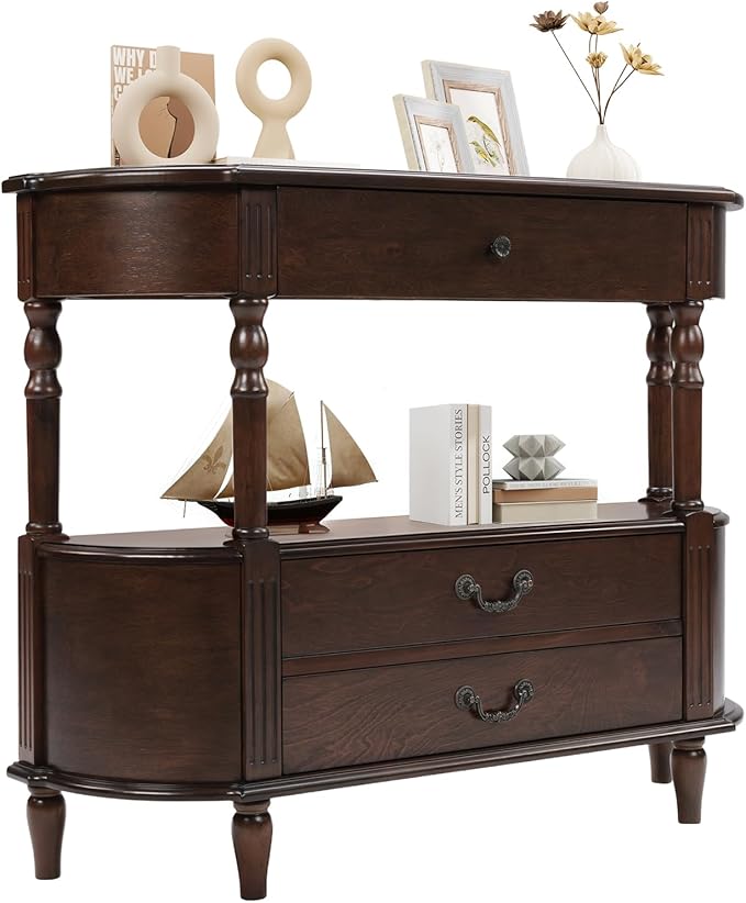 Solid Wood Retro Curved Console Table, 43" Half Moon Console Table Sofa Table Entryway Table with 3 Drawers Open Shelf Pine Roman Legs Curved Corners for Living Room,Entryway,Hallway,Espresso
