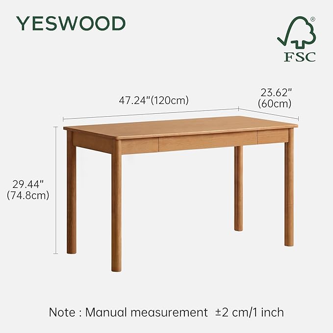 YESWOOD 100% Solid Wood Desk, Mid Century Modern Computer Desk, Home Office Writing Desk with Drawers for Study Living Room Natural Wood Color(47.24" W)