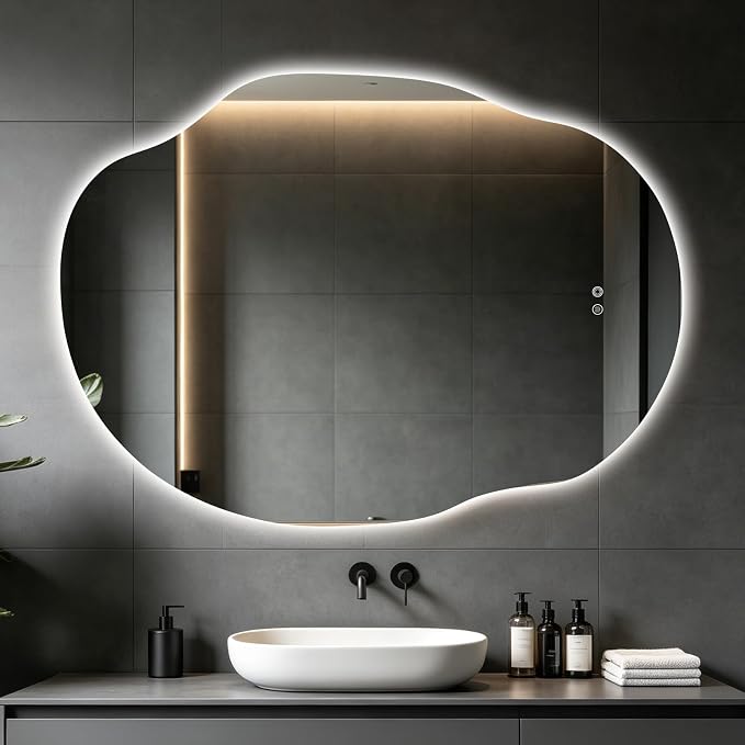 Asymmetrical Bathroom Mirror with Lights,Irregular LED Bathroom Vanity Mirror with Backlit,Anti-Fog,3 Colors and Dimmable Light with Memory,Hardwired Supported[Horizontal/Vertical] 55" H x 40" W