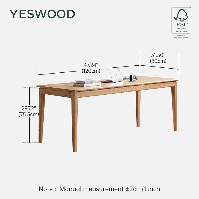 YESWOOD Rectangular Solid Wood Home Office Desk, Modern Dining Table, Writing Computer Desk for Sturdy, Dining Room, Living Room, Office Natural Wood Color 47.24" W