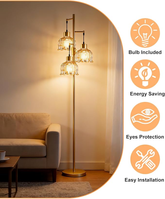 3-Light Modern Glass Floor Lamp, Gold Standing Tall Lamp with Amber Vertical Rib Glass Shade for Reading, Dimmable LED Floor Lamp with 5Lbs Heavy Base for Living Room Bedroom Home Decor, Bulb Included