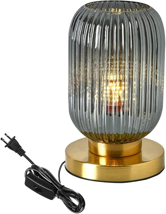 Mid Century Modern Globe Table Lamp Grey Glass Table Lamp Vintage Bedside Lamp Gold Desk Lamp Ribbed Design Shade Small Side Table Lamps Table Light for Bedroom Living Room Office