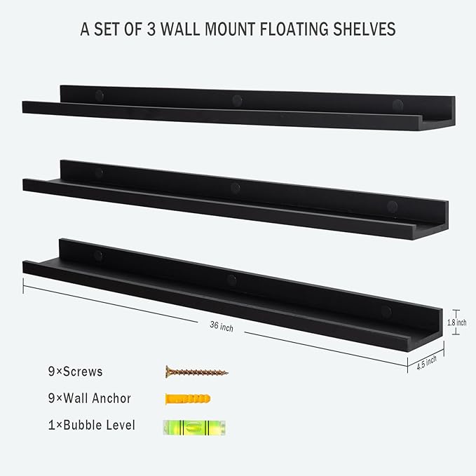 AZSKY Floating Picture Ledge Shelves for Wall Set of 3, 36 Inch Photo Shelves with Lip Long Large Nursery Book Shelf for Storage Bookshelf Wall Mounted Living Room Bedroom Decor Frames