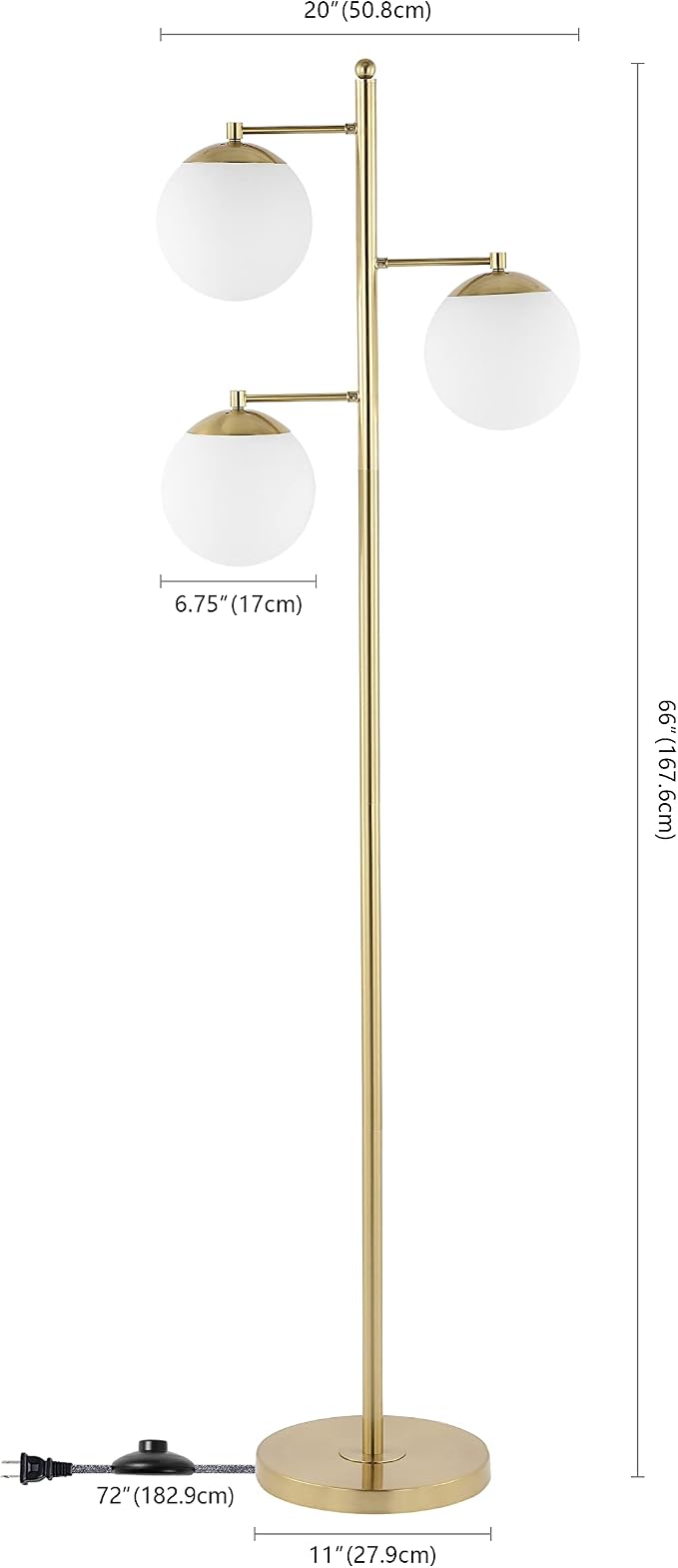 JONATHAN Y 66" Brass Gold 3-Light Mid-Century Modern LED Floor Lamp, Art Deco Triple Frosted Glass Globe Standing Lamp for Living Room, Bedroom, LED Bulbs Included JYL3087A