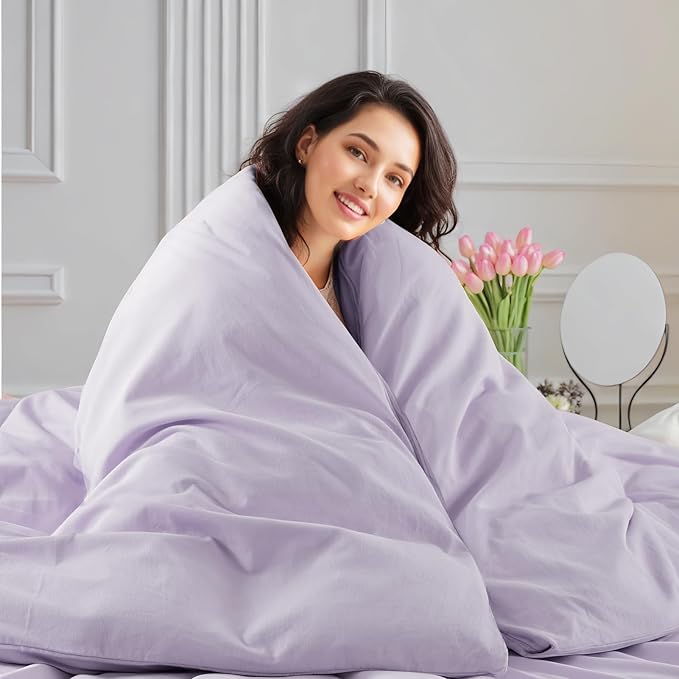 NEXHOME PRO Twin Duvet Cover Set, 100% Washed Cotton with Linen-Like Texture, Natural Organic, Breathable & Comfortable, Includes Home Bedding Set Lilac (No Comforter) 68"x90"