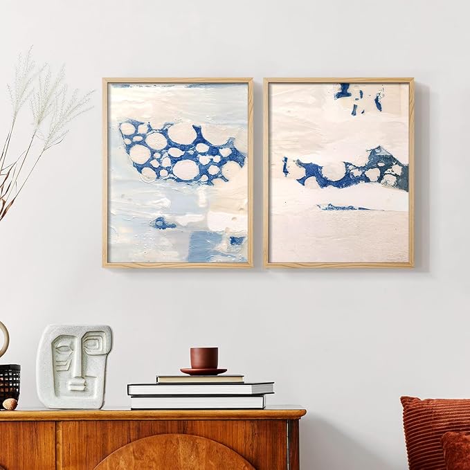 Renditions Gallery Set of 2 Peel & Stick Framed Prints, Textured Abstract Wall Art, White Blue Bubble Like Pattern Wall Decor, Re-Stickable - Ready to Hang - 22"x28" - NATURAL WOOD Frame LT588