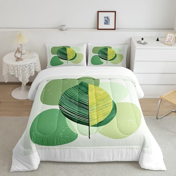 Erosebridal Green Modern Comforter Set Twin Mid Century Bedding Set, Hippie Minimalist Bedding Comforter Sets Abstract Leaves Duvet, Aesthetic Geometric Quilted Comforter White Bedroom Decoration