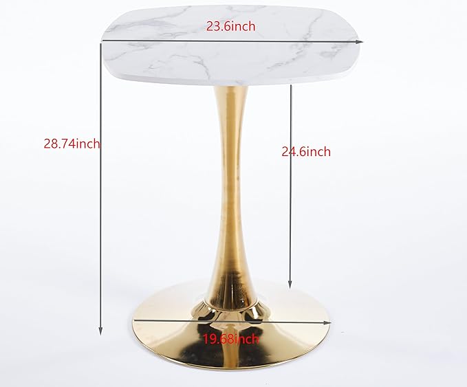 White and Gold Square Dining Table for 2 4 6, 23.62 inches Special Kitchen Table with Tulip Shape & Metal Pedestal Base, Mid Century Modern Bistro Tulip Table for Kitchen, Small Space, Cafe