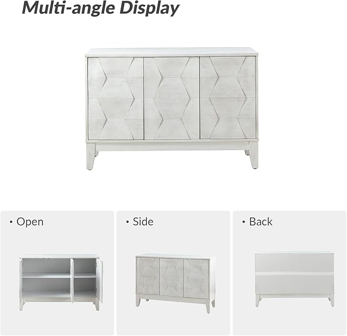 HULALA HOME Modern Kitchen Buffet Cabinet Storage Sideboard with 3D Geometric Design, Freestanding Floor Cabinet with 3 Doors & 2 Adjustable Interior Shelves for Living Room Dining Room Hallway, White