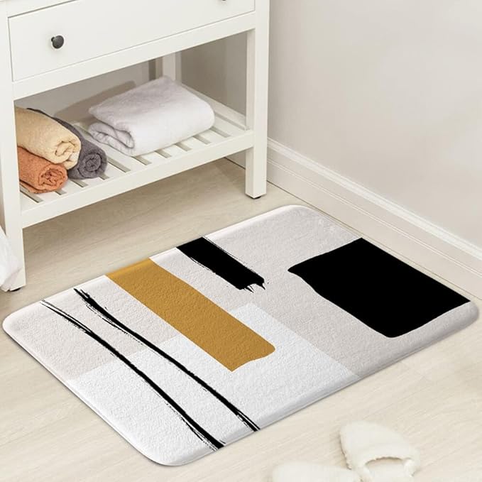Abstract Modern Bath Mats Rugs for Bathroom, Geometric Minimalist Black and White Flannel Bathroom Floor Mat Bath Shower Rug Non Slip, Beige Yellow Tan Doormat Mat Bathroom Accessories Decor 16X24inch