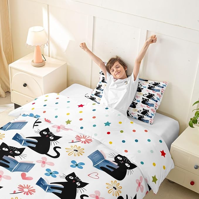 Erosebridal Kawaii Pet Cat Toddler Comforter Cover Black Kitten Cat Lovers Bedding Set Trendy Preppy Florals Duvet Cover for Kids Girls Boys Adults Cute Animals Reading Aesthetic Bed Set