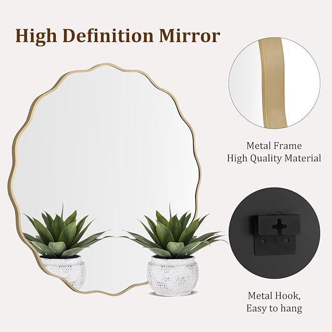 WallBeyond Round Wavy Mirror for Wall Decorative 36 inch, Modern Round Mirror Aluminum Frame for Bathroom Bedroom Living Room Home House Office Entryway, Gold
