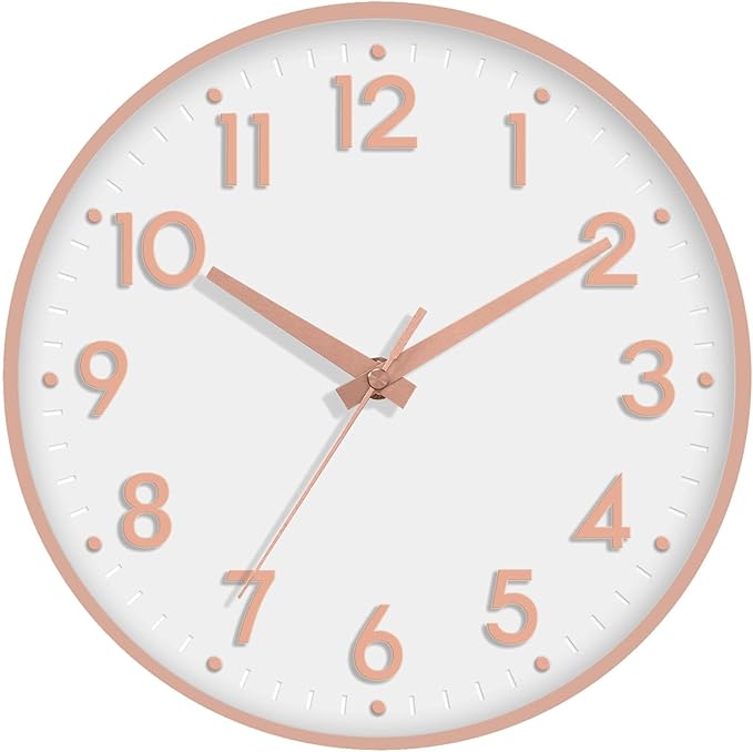 Mosewa Wall Clock 12 Inch, Battery Operated Silent Non-Ticking Modern Analog Clock Decorative for Kitchen, Bedroom, Office, Living Room(Rose Gold)