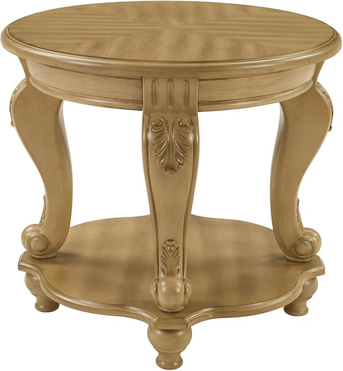 22'' Round End Table Solid Wood Sofa Side Table with Storage Shelf, Antique Natural Living Room Corner Table Retro Accent Table, Easy Assemble Round Bedside Table Night Stand for Small Space