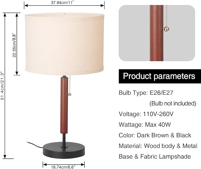 Mid Century Table Lamp, Farmhouse Desk Lamp with Pull Chain Switch&Linen Shade, Black Metal Bedside Lamp for Bedroom, Living Room, Office, Wood Finish(Black)