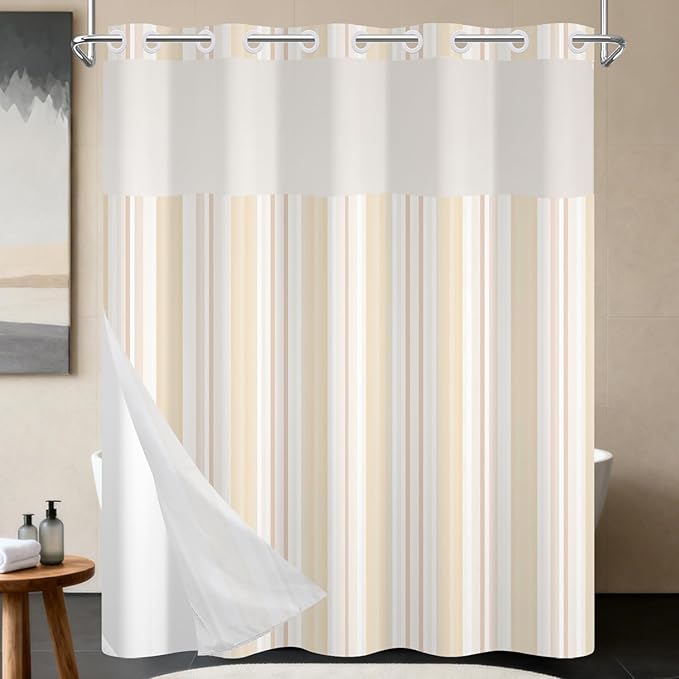 No Hook Shower Curtain with Snap in Liner, Beige Striped Shower Curtains for Minimalist Modern Bathroom, Waterproof Cloth Fabric with Mesh Top Window, 71x74 Inch