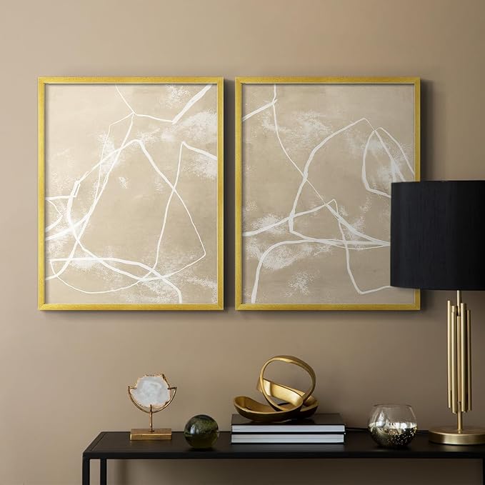 Renditions Gallery Set of 2 Peel & Stick Framed Prints, Neutral Abstract Wall Art, Beige Line Art Pattern Wall Decor, Re-Stickable - Ready to Hang - 11"x14" - GOLD Frame LT588