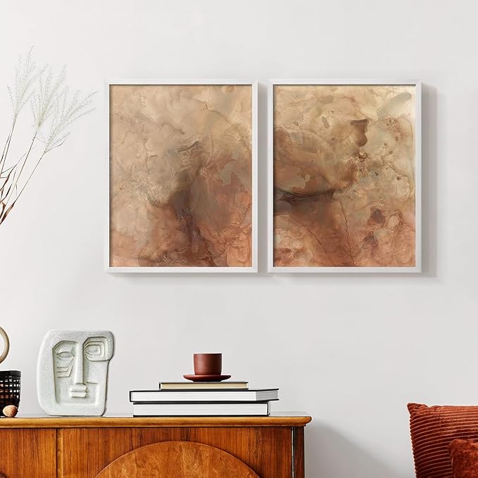 Renditions Gallery Set of 2 Peel & Stick Framed Prints, Abstract Wall Art, Brown Textured Marble Design Re-Stickable - Ready to Hang - 11"x14" - White Frame LT588