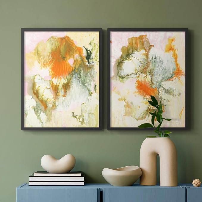 Renditions Gallery Set of 2 Peel & Stick Framed Prints, Modern Abstract Wall Art, Mix Color Oil Paint Design Wall Decor, Re-Stickable - Ready to Hang - 22"x28" - Black Frame LT588