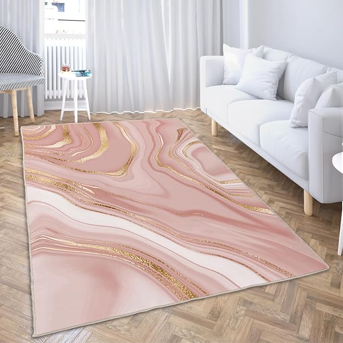Ansouyi Non-Slip 5x7 ft Area Rugs, Washable Rug Carpet for Living Room, Pink with Gold Abstract Liquid Marble Home Decor Rugs for Game Room Classroom Bedroom Dining Kindergarten Room