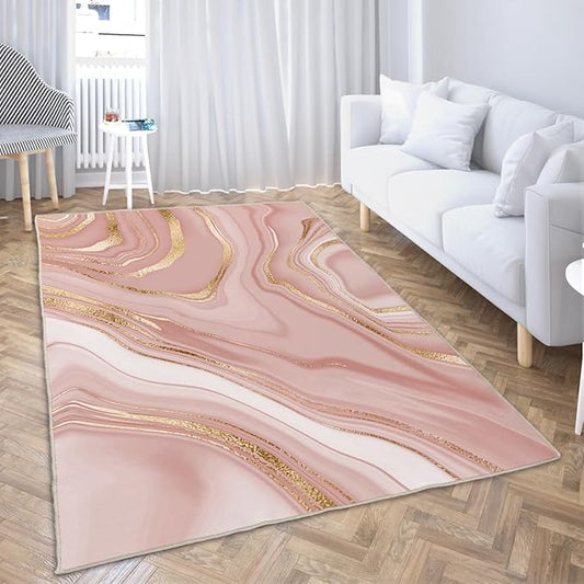 Ansouyi Non-Slip 5x7 ft Area Rugs, Washable Rug Carpet for Living Room, Pink with Gold Abstract Liquid Marble Home Decor Rugs for Game Room Classroom Bedroom Dining Kindergarten Room