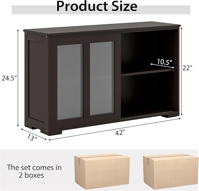 Byroce Sideboard Buffet Cabinet, Stackable Storage Coffee Bar Cabinet with Adjustable Shelf & Glass Sliding Doors, Wood Cupboard Credenza Console Table for Kitchen Dining Living Room (2, Coffee)