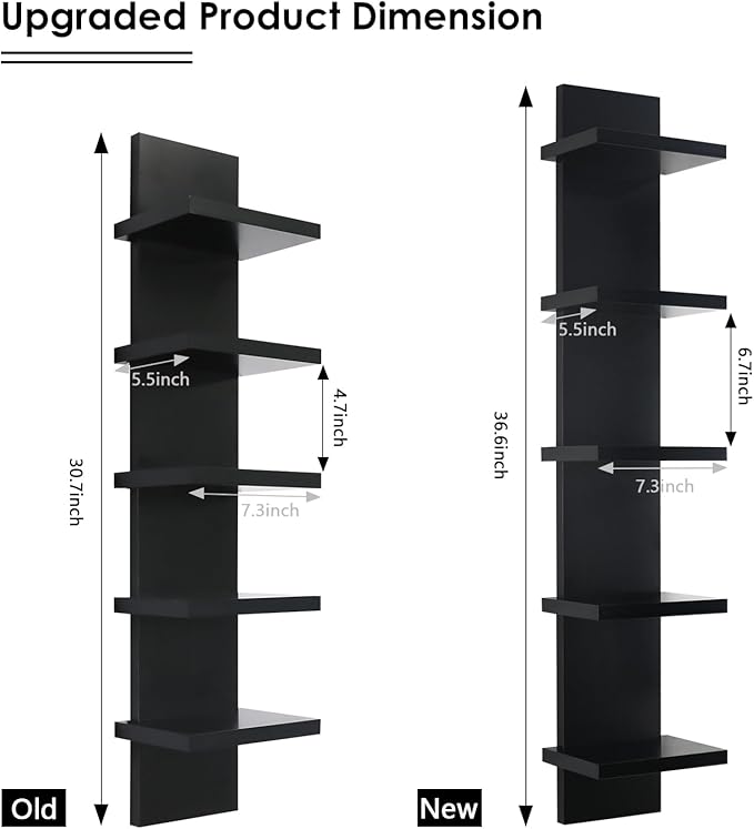 Homaterial 5 Tier Shelvesl, Vertical Column Wall Decor Mount Floating Shelves for Bedrooms, Living Rooms, Natural Finish Wall Shelf, Black
