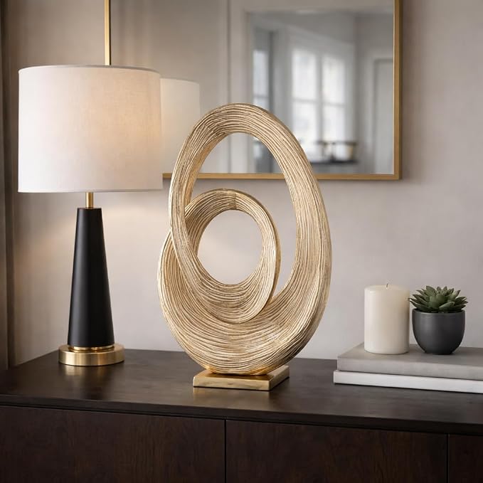 Abstract Ring Art Home Decor Sculpture Figurine - Modern Table Accent for Coffee Table and Room Display - Oval Ornament for Living Room, Bathroom, Office or Shelf Use - 20", Gold & Metallic