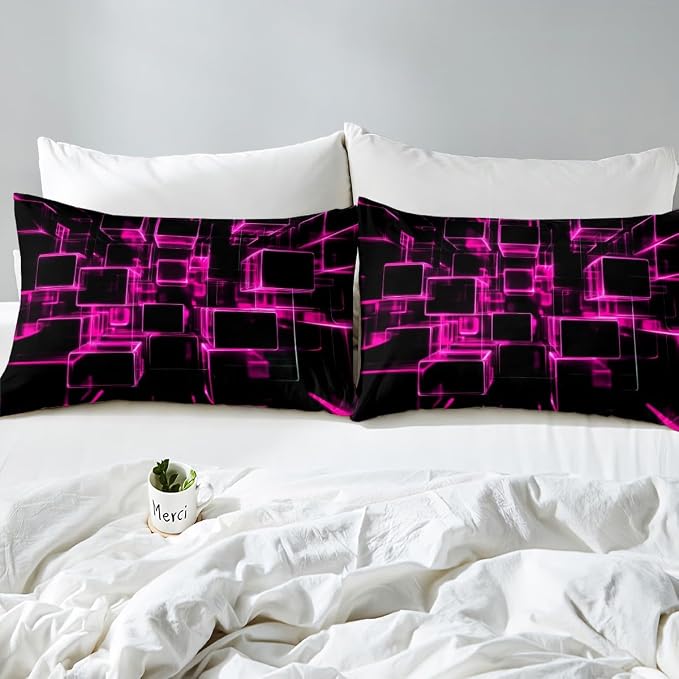 Erosebridal Girly Pink and Black Kids Duvet Cover, Modern Abstract Geometric Square Bedding Sets for Boys Girls Gradient Neon Light Honeycomb Bed Cover King with 2 Pillowcases