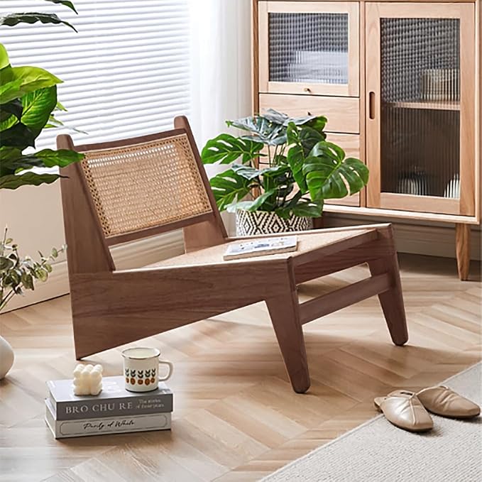 homary Mid Century Modern Chairs Set of 2, Japandi Walnut Rattan and Wood Lounge Chairs Armless Accent Chair for Living Room Bedroom Balcony & Patio