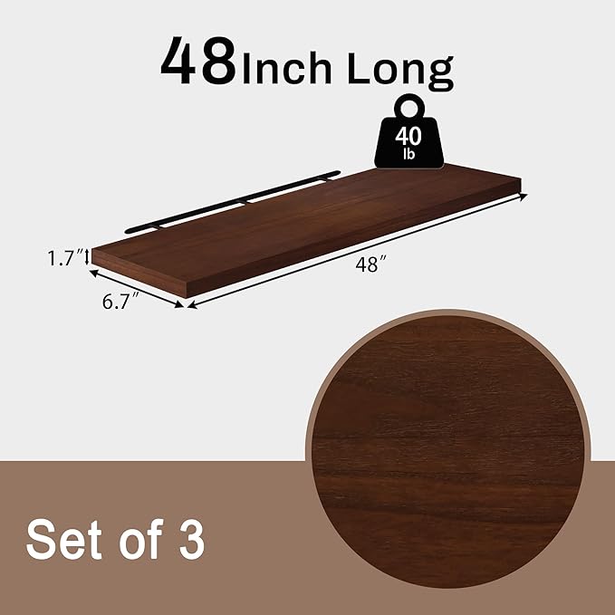 Floating Shelves for Wall, 48 Inch Extra Long Walnut Wall Shelves, Set of 3, Hanging Invisible Brackets Floating Shelves for Living Room,Bedroom,and Kitchen