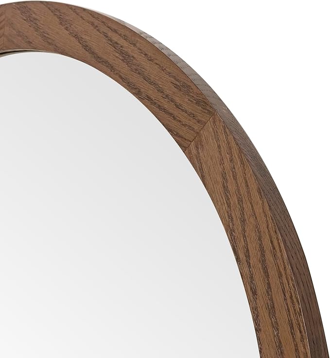 ARIEL Round Wooden Mirror 24" in Brown Oak, Wood Circle Wall Mirror for Bathroom, Vanity, Entryway & Living Room Decor, Farmhouse Style