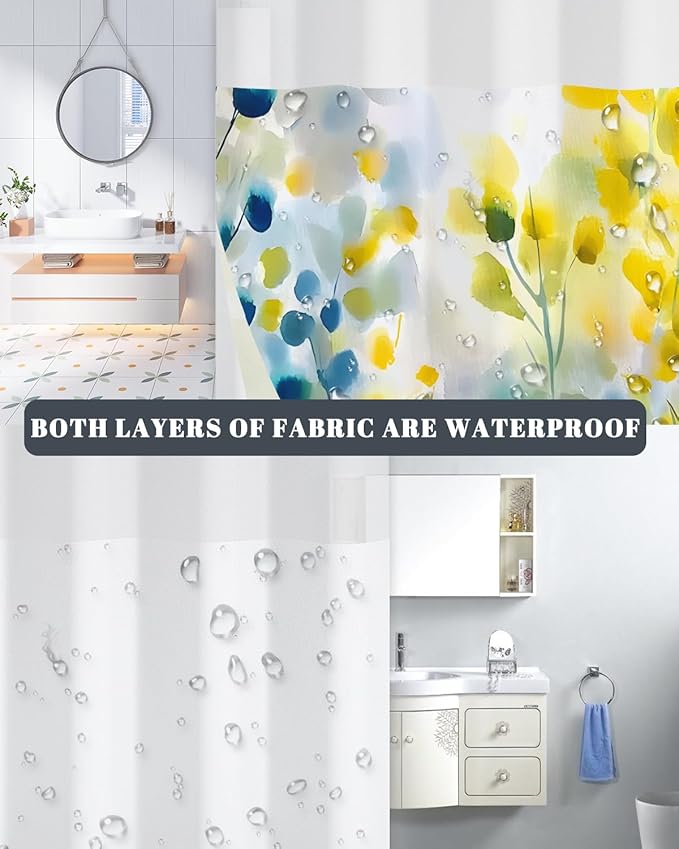 No Hook Shower Curtain with Snap in Liner, Watercolor Floral Wildflower Print Waterproof Bath Tub Curtain for Modern, Cottagecore, Boho Bathroom Decor, See Through Top, 71 x 74 Inch