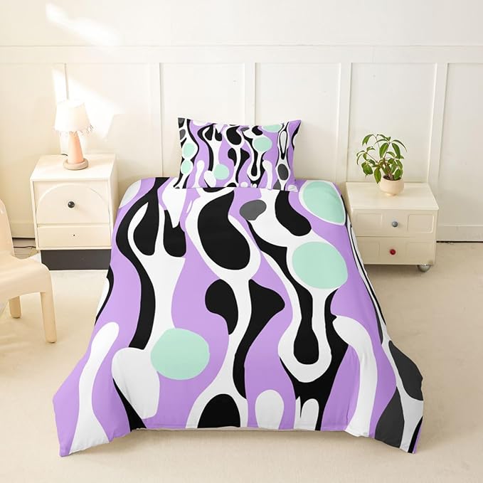 Erosebridal Organic Geometric Duvet Cover Set Modern Abstract Girl Toddler Bedding Set for Young Boys Retro Mid Century Comforter Cover Modern Fluid Art Irregular Circles Bed Sets,Lavender Mint Green