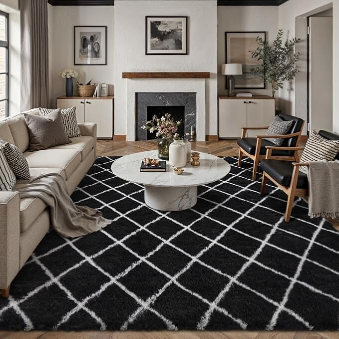 6x9 Checkered Rug for Living Room Black and White Modern Soft Area Rug Fluffy Non-Slip Carpet for Bedroom Playroom Home Aesthetic Decor
