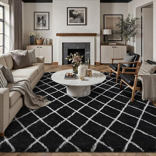 8x10 Checkered Rug for Living Room Black and White Modern Soft Area Rug Fluffy Non-Slip Carpet for Bedroom Playroom Home Aesthetic Decor