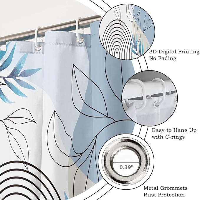 Bohemian Shower Curtain Set Blue Watercolor Eucalyptus Leaves Arch Abstract Stripes Bathtub Curtains Modern Minimalist Neutral Bathroom Decor Washable Waterproof Polyester Fabric with Hooks 72x78 Inch