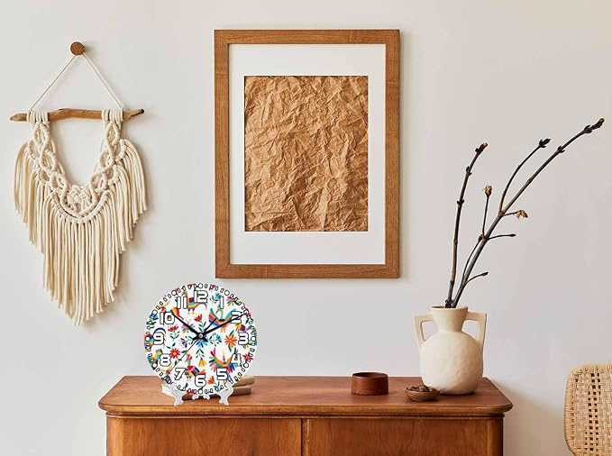 Animals Mexican Wall Clock Battery Operated Flowers Bird Spring Colorful Traditional Clip Art Wall Clock Silent Non Ticking Quality Quartz 10 Inch Round Easy Clock to Read for Home Office